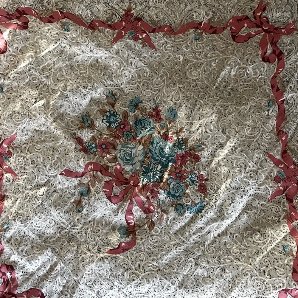 Silk Baby Blue Rose/ Pink Ribbon Paisley Scarf Vintage 80’s